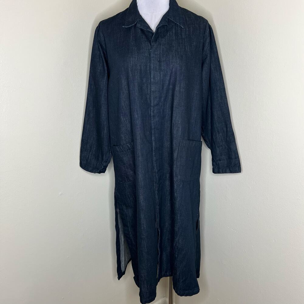 Handmade Denim Jacket S/M Womens Longline Button Slits Jean Cotton Dark Wash 90s